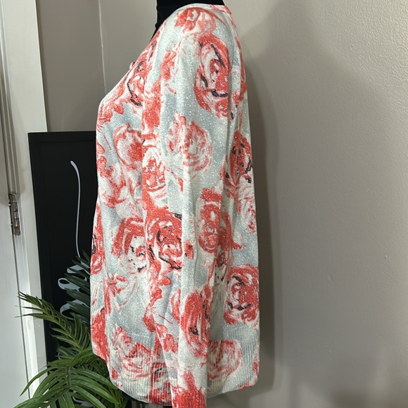 ST JOHN pink and silver rose print button down cardigan wool lurex Women’s XL - Picture 5 of 14